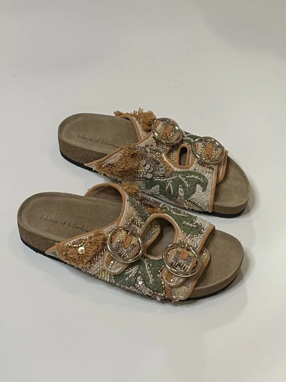 House of Harlow Beaded Slide Sandals Sz 6 Boho Embellished Festival Lux